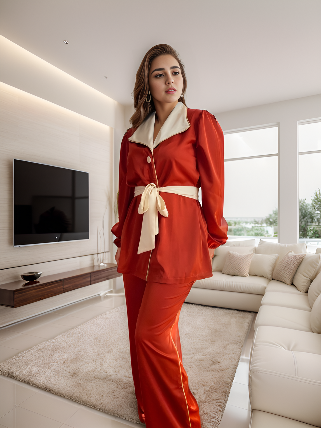 Pretty Inside™️ Amelia Satin Pajama Set - Elegant Two-Piece in Terracotta with Golden Accents